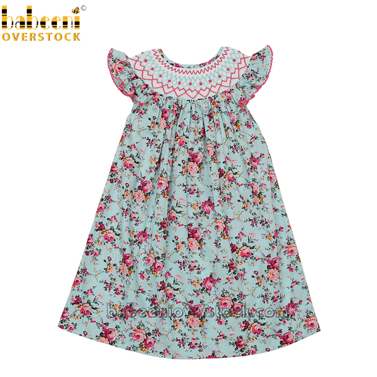 Geometric mint smocked bishop dress with angel sleeves -  BB1668